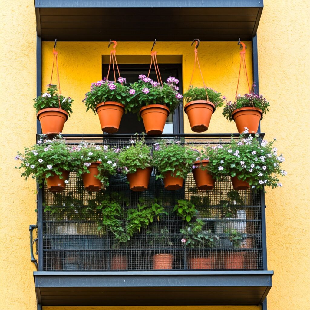 Vertical gardening on a narrow balcony using hanging pots.