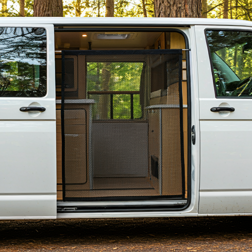 Mesh net covering the van's door as protection.