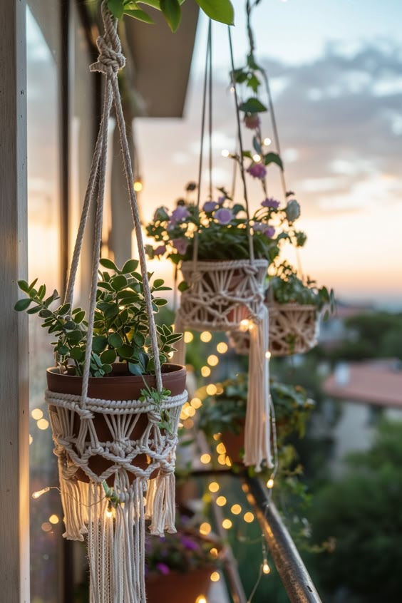 Macrame potholders with fairy lights across the balcony railing.