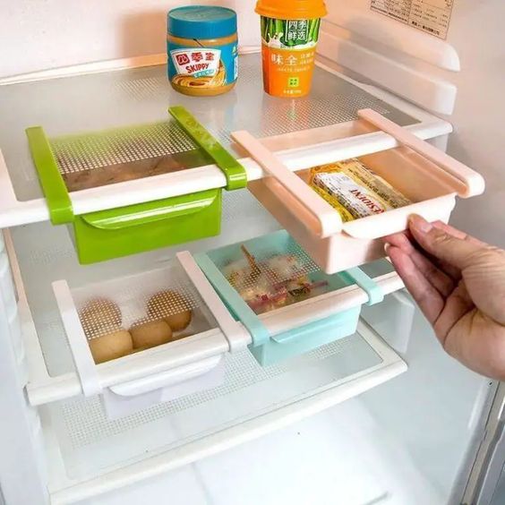 Stackable, sliding fridge racks.