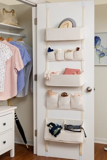 Hanging, over-the-door organizers with multiple compartments.