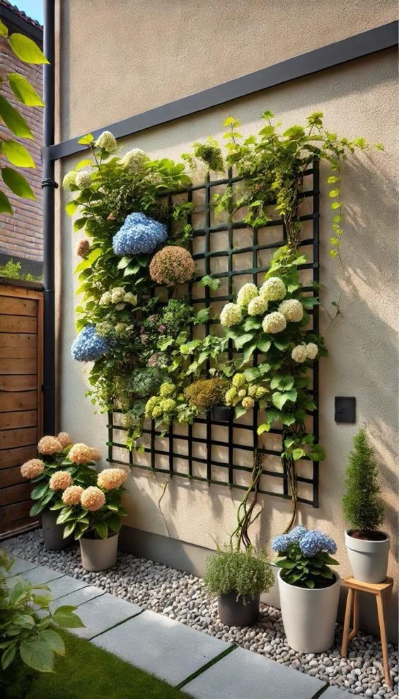 Wall-mounted trellis for decorative display of plants.