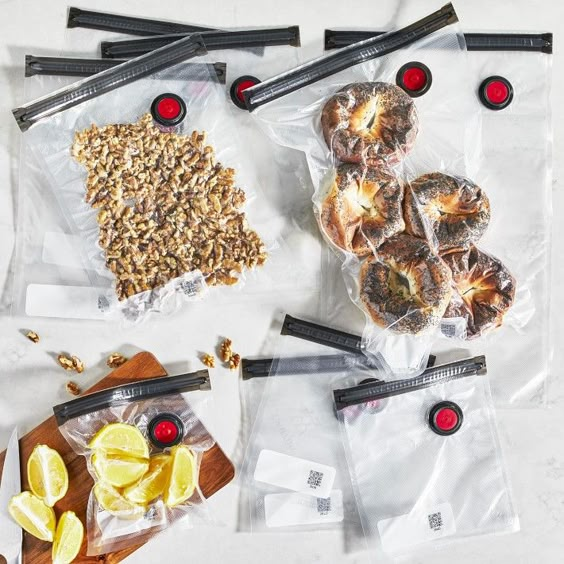 Dried food items in vacuumed bags for improved shelf life.