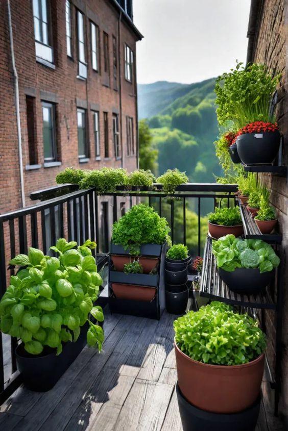 Growing edibles on the balcony in multi-sized containers.