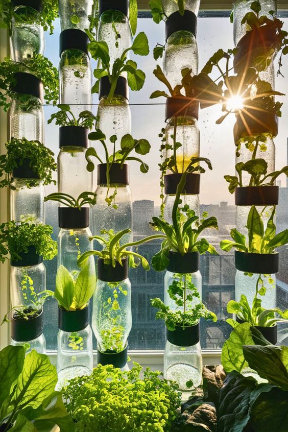 Aquaponic display - Plants growing in hanging water bottles.