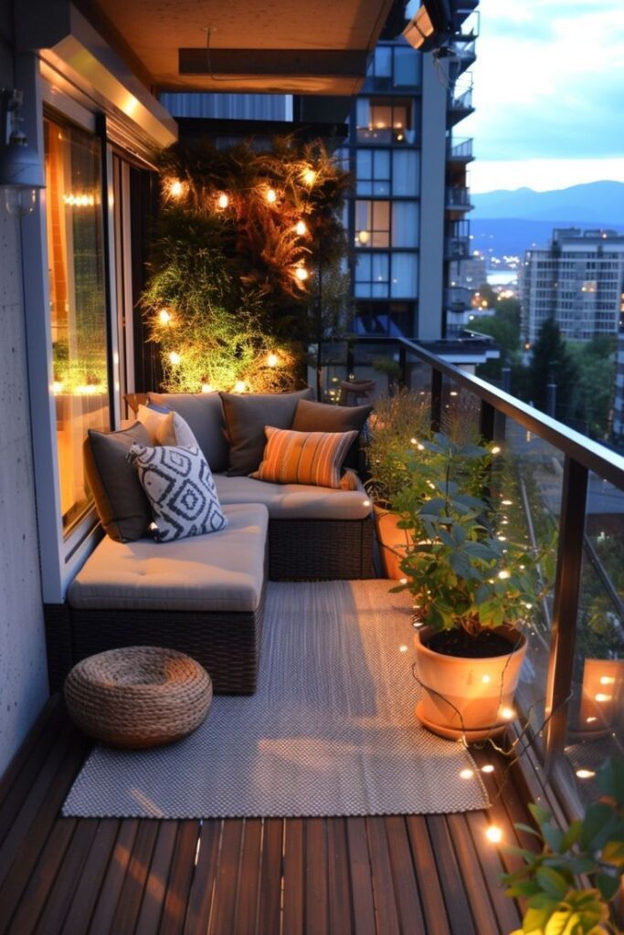 A cosy balcony setup with greens. fairy lights, and a comfy couch.