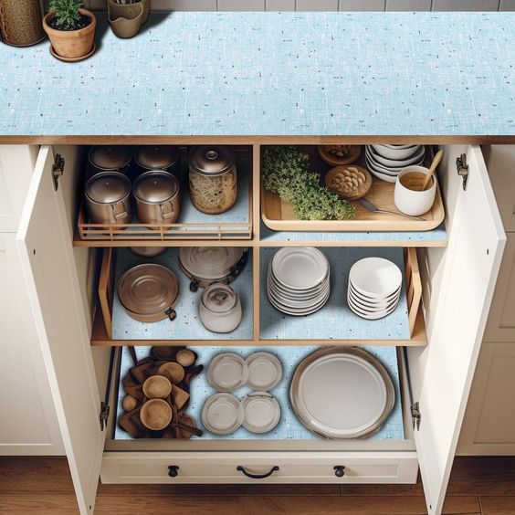 Shelf lining inside a kitchen cabinet.