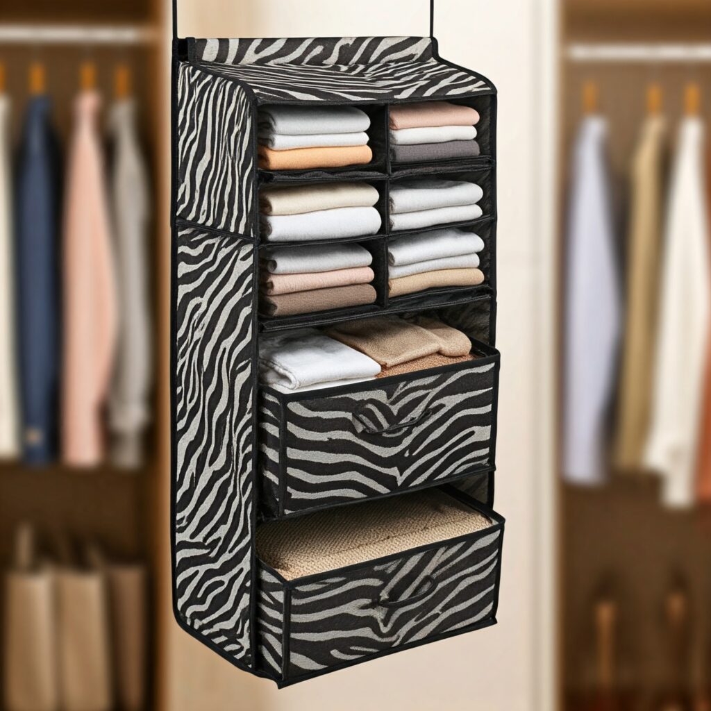 A zebra patterned hanging storage basket with multiple compartments.