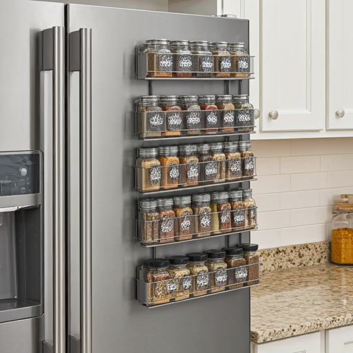 Magnetic spice shelves to stick on fridge or metal surface.