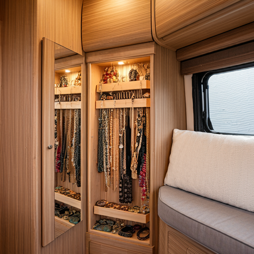 Jewlery cabinet covered with a mirror door for behind-the-mirror storage.