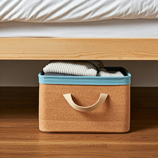 A cube-shaped pull-out basket for under-bed storage.