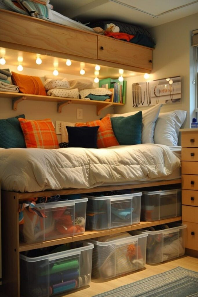 Storage units under and over the bed.