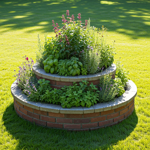 Fountain style spiral herb garden as centerpiece.