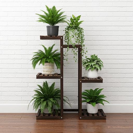 Multi-tiered stand for plants with shelves.