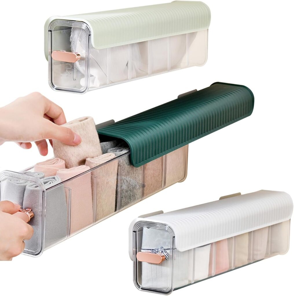 A transparent, stick-on, wall-mounted garments' organizer.