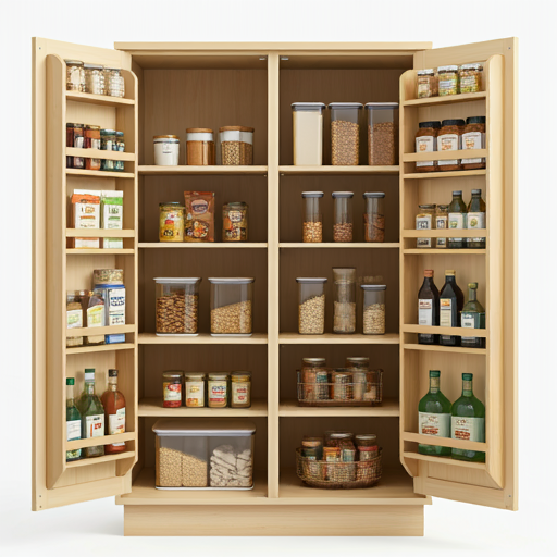 A custom-made RV pantry with multiple storage shelves and compartments.