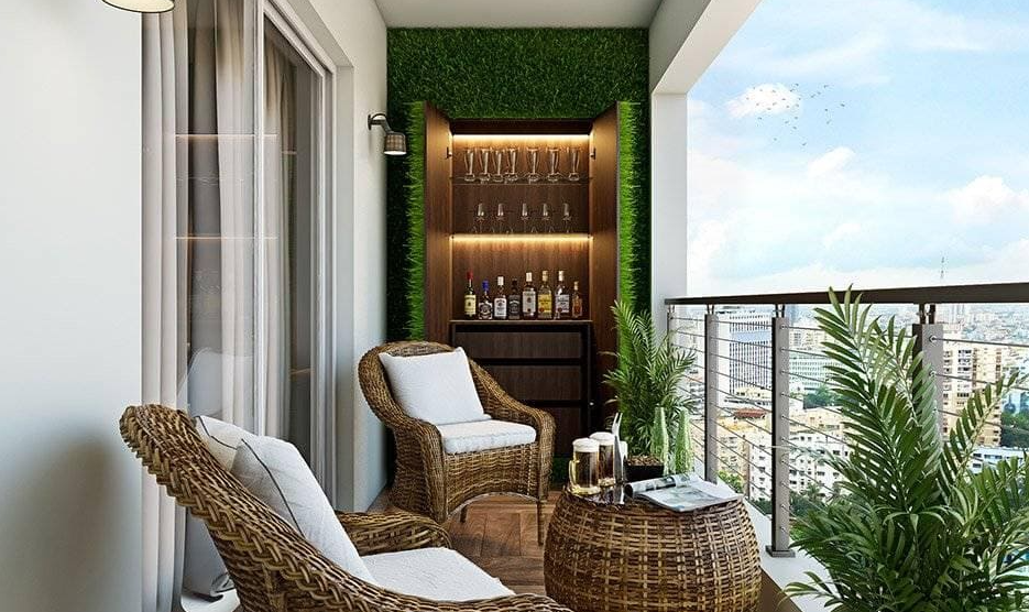 Balcony garden design ideas with a green wall for bar corner.