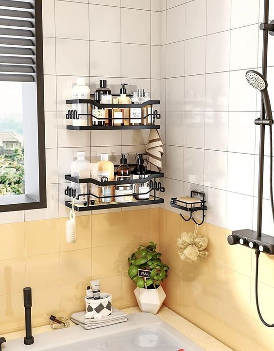 Shower caddy in the corner keeping all shower essentials in easy access.