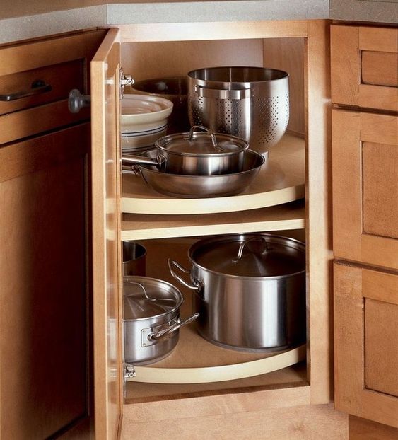 Lazy Susan: corner storage unit with rotating shelves fixed inside a corner cabinet.