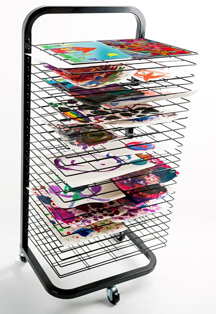 A moving metal cart for drying or storing multiple paintings together.