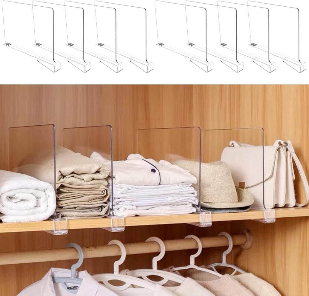 Transparent shelf spacers for neat organization.