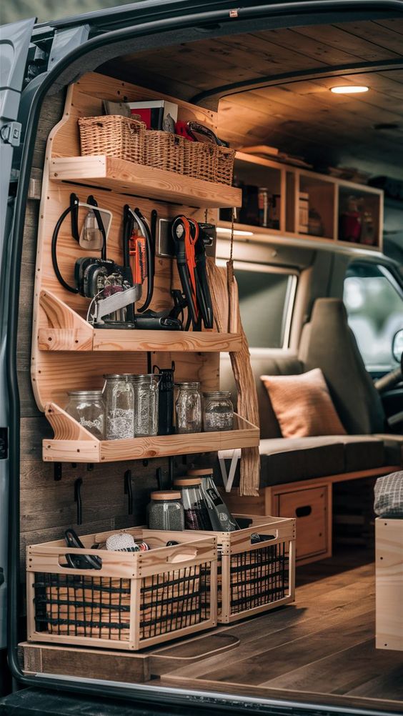 Wooden wall frame with shelves for enhanced storage.