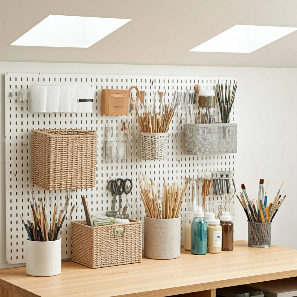 Pegboard turned organization frame for art supplies with hooks and baskets.