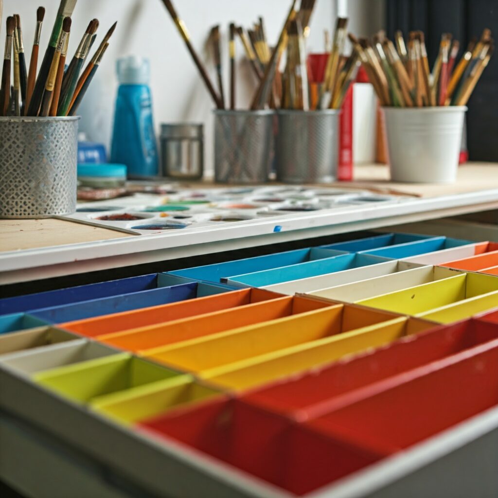 Colorful draw dividers for a painter's studio organization.