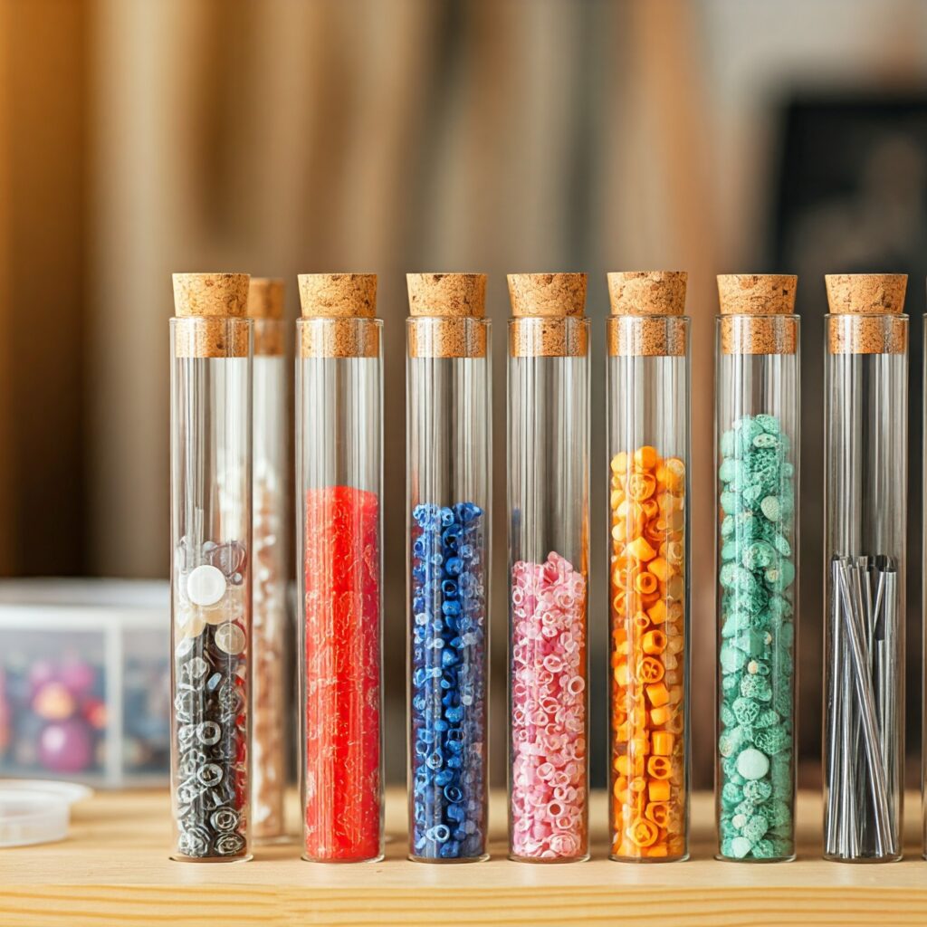 Glass tubes with cork lids containing colorful beads for art and craft projects.