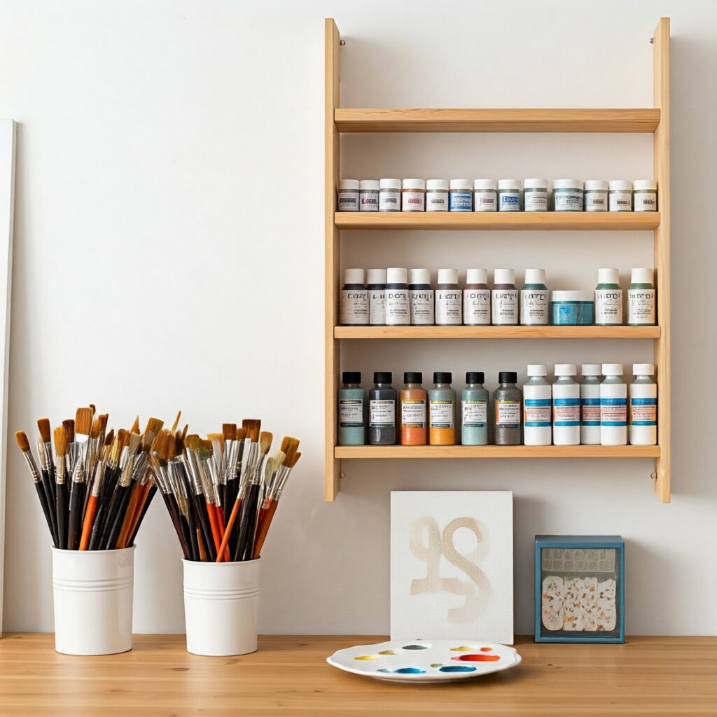 Wooden wall-mounting rack for visible organization of paints.