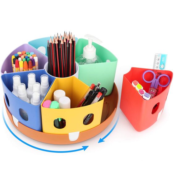 Colorful art supply caddy.