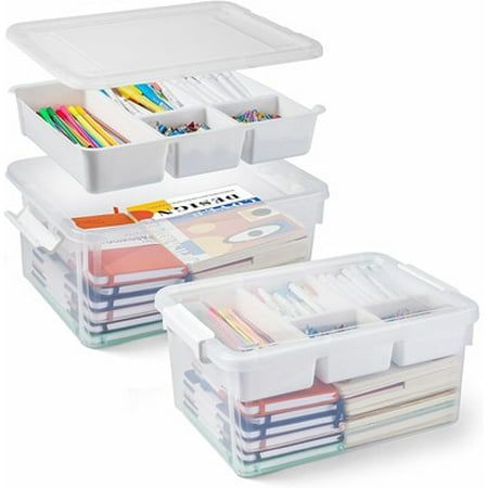 Transparent storage containers with compartments for visible organization.