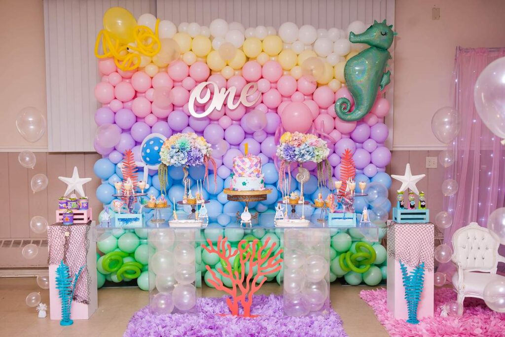 An underwater, mermaid theme, whimsical birthday decor.