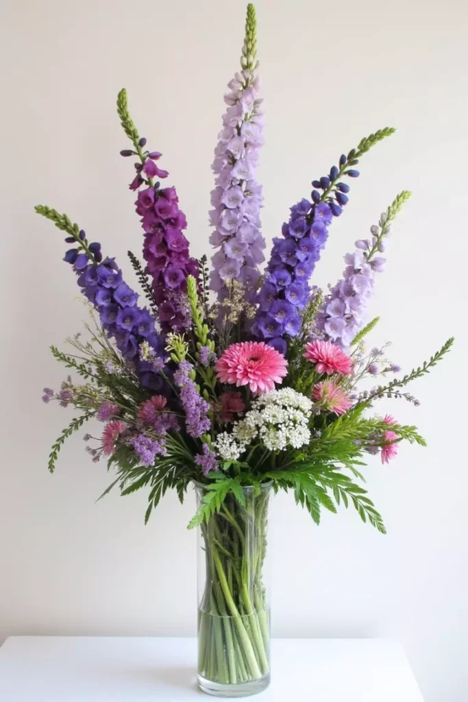 A cascade of delphiniums with other pink and lilac blooms.