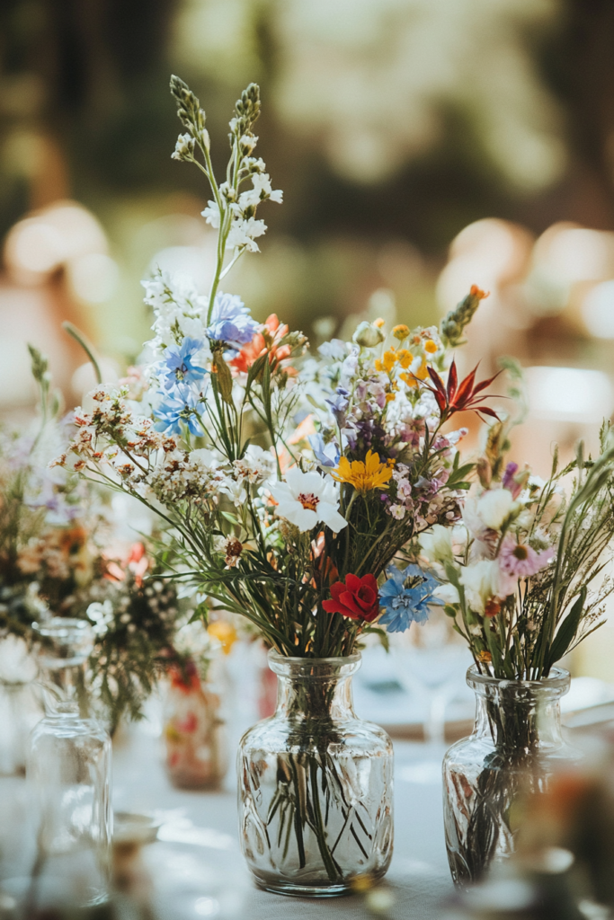 Fashionable display of hand-picked wildflowers in a glass mini jar. 