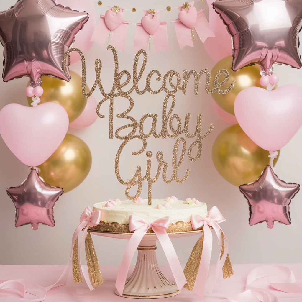 A mini welcome baby girl sign on top of a miniature table setup as centerpiece.