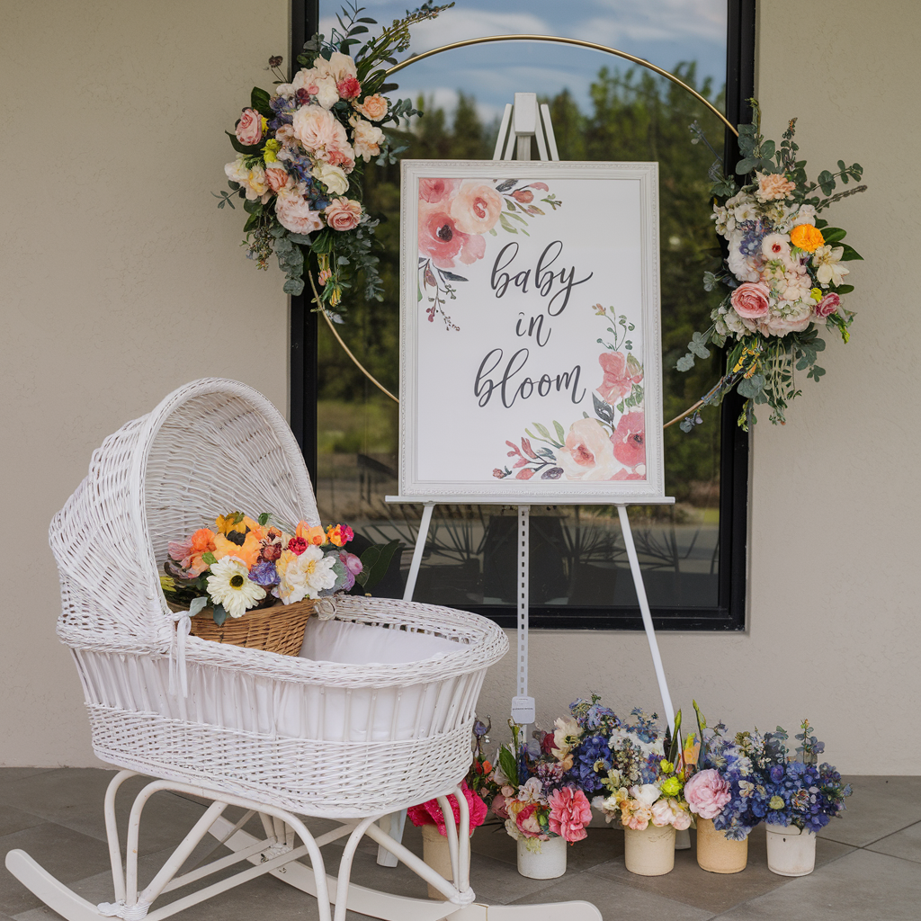 White rocking crib and easel embellished with flowers and sweet words, 'baby in bloom'.