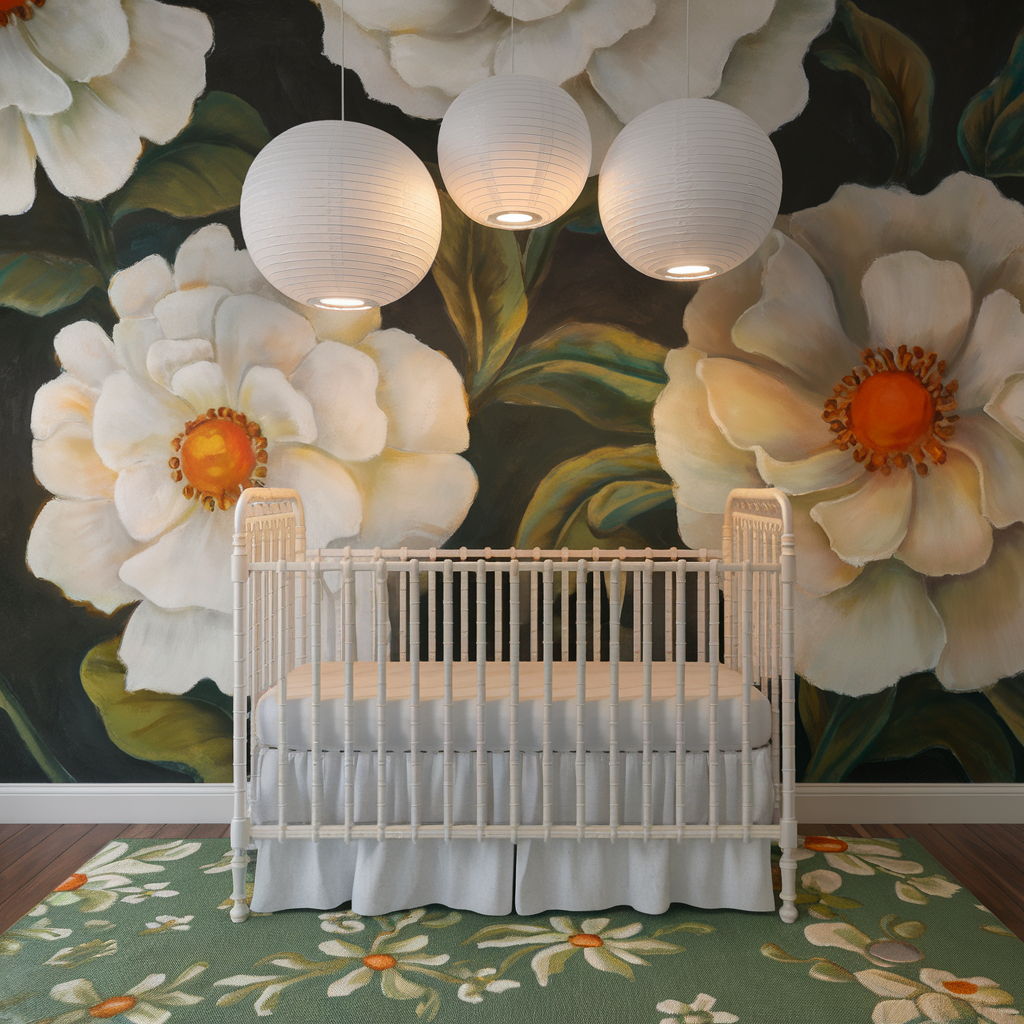 Gigantic mural of white flowers with sunny centres and a white crib over which 3 beautiful white globe chandeliers are hung.