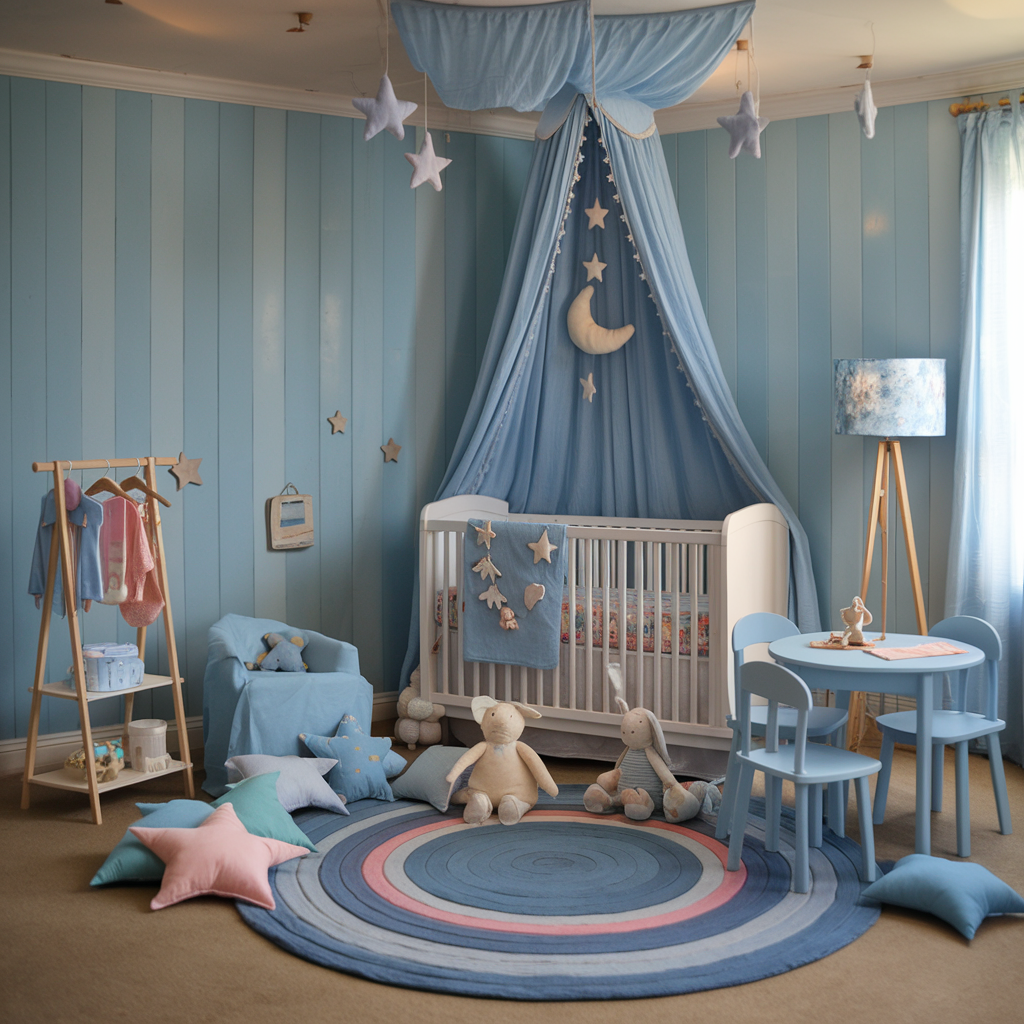 My uniqiiue take on a whimsical powder blue nursery with a a lot of fun and interactive elements for a boy's nursery.