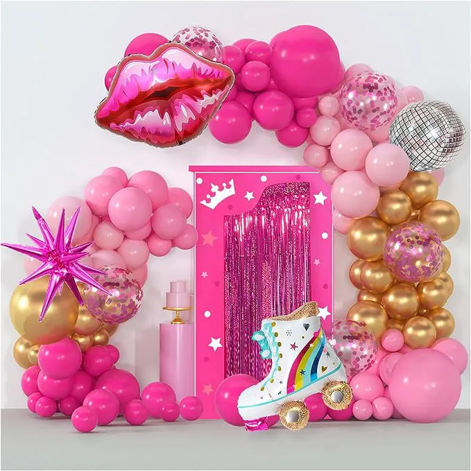 Barbie birthday theme with pink and gold metallic balloons, and a set of roller skates and lips inflatable balloons.