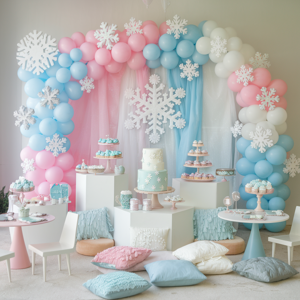 A one-of-a-kind, unique snowflake theme with unicorn colour palette for the first birthday.