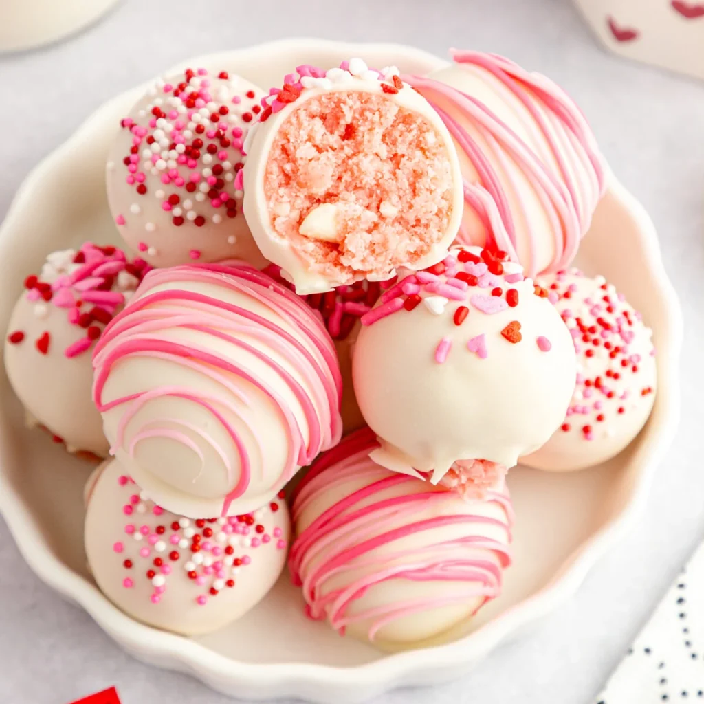 Pink strawberry cake balls in a bowl with colorful sprinkles. 