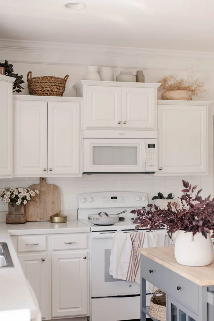 White board and batten style kitchen cabinets.