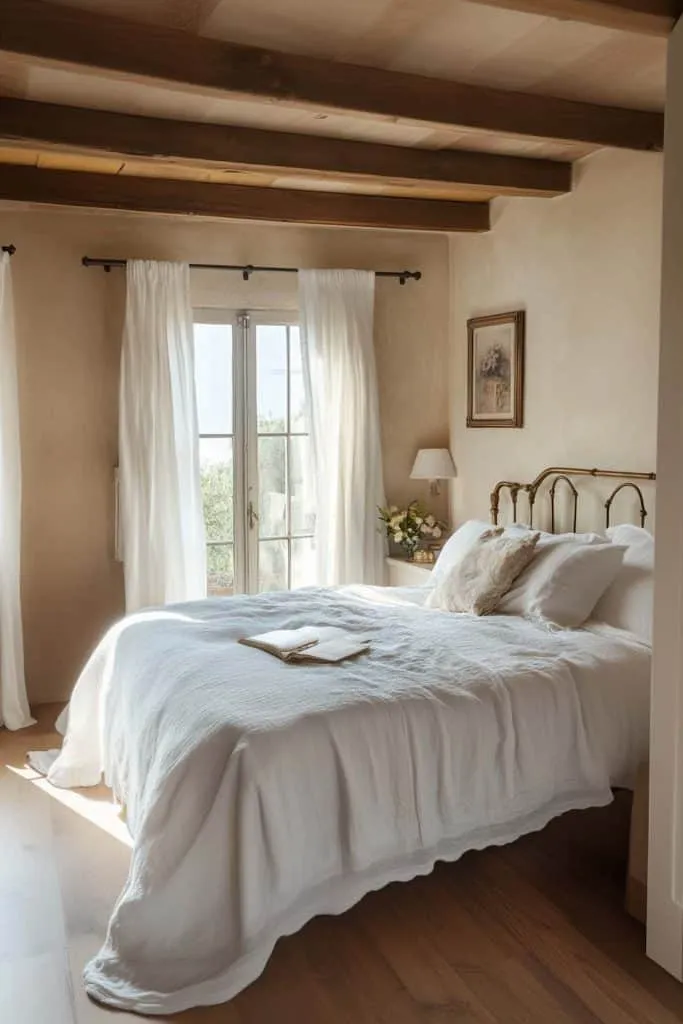 French slumber with exposed-beams ceiling.