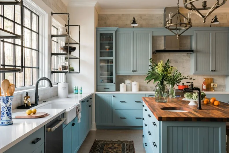 Powder blue and white pallete with many fun decor elements.