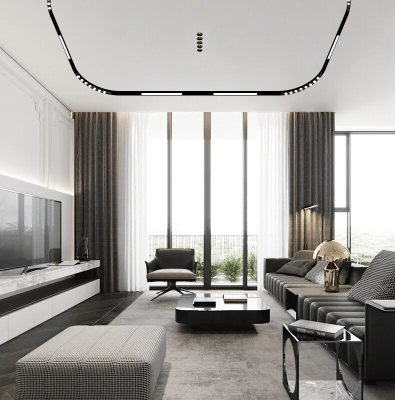 Track lighting system on the ceiling.