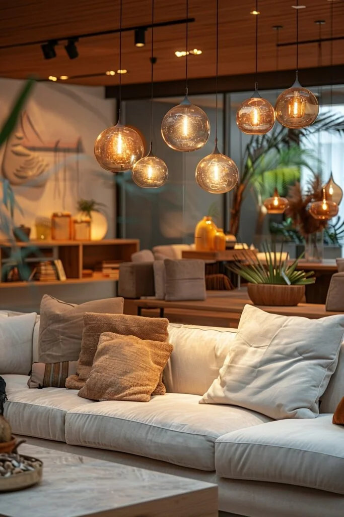 Metallic orb lighting.