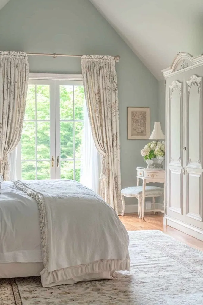 Whitest white with classic furniture and sloped ceiling.