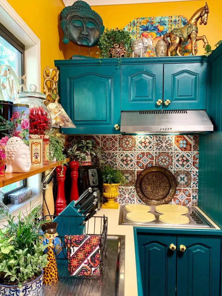 A very moroccon and eclectic kitchen above the cabinets decor.
