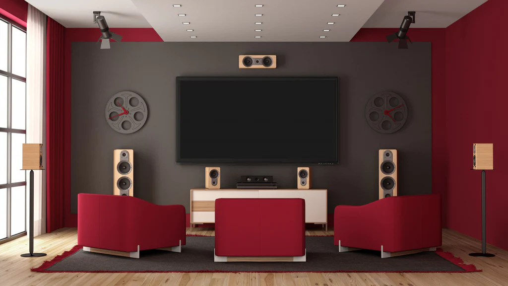 Grey and magenta theatre room.